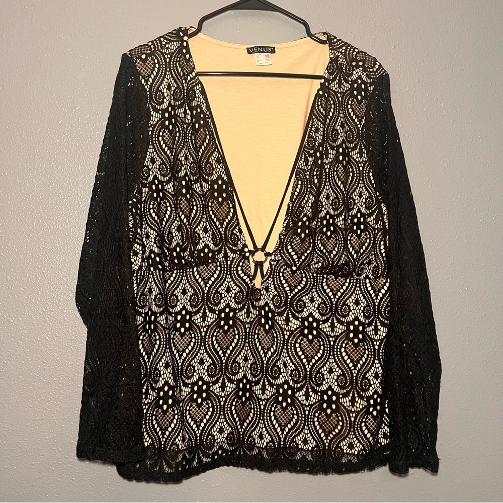 Sexy Women's Venus Black Long Sleeve Strapy Deep V Neck Lace Top Plus Size 2X